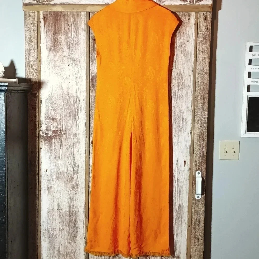Zara textured ankle jumpsuit jacquard collared raw hem orange size xs - Picture 3 of 9